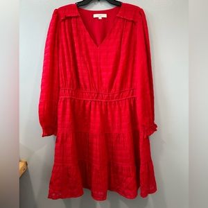 LOFT textures plaid ruffle dress, v-neck, long sleeve, size 14